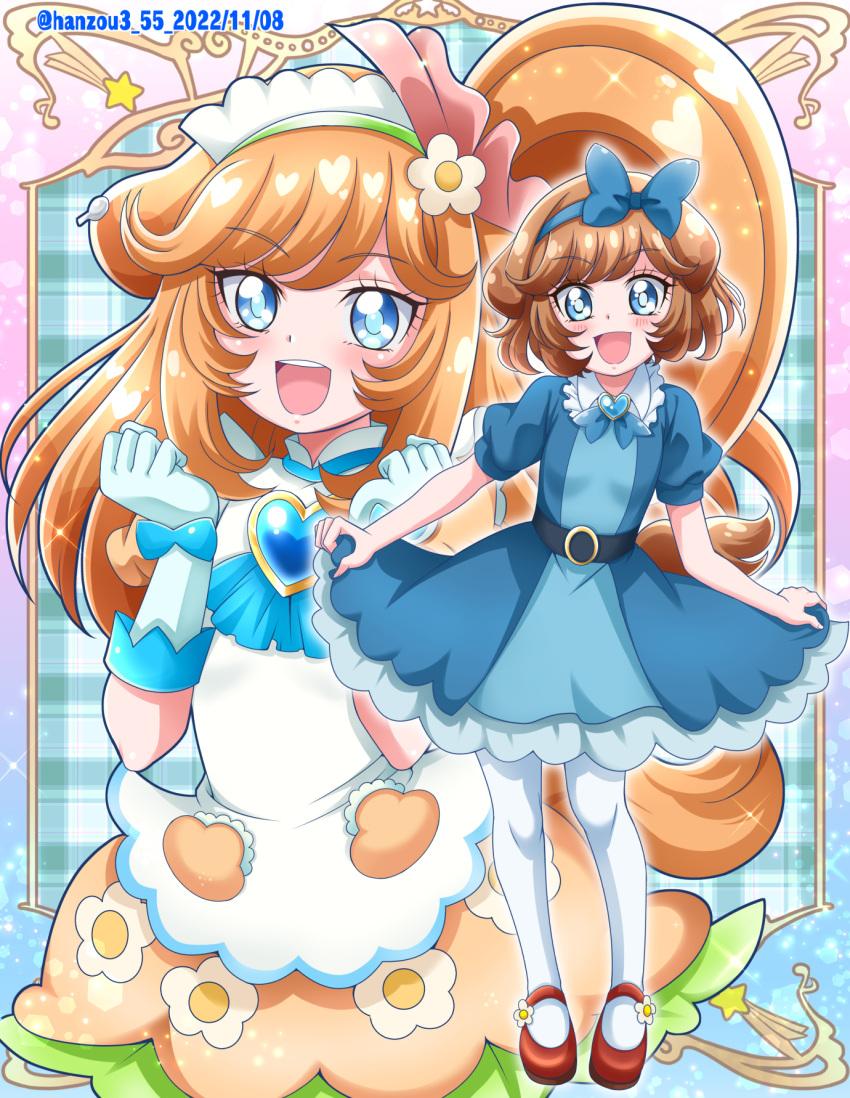 1girl apron bangs blue_dress blue_eyes blue_gloves blue_theme brooch brown_hair delicious_party_precure dress full_body gloves hanzou headband heart_brooch highres jewelry long_hair multiple_views one_side_up open_mouth orange_hair pam-pam_(precure) pam-pam_(precure)_(human) pantyhose precure red_footwear short_hair smile white_pantyhose