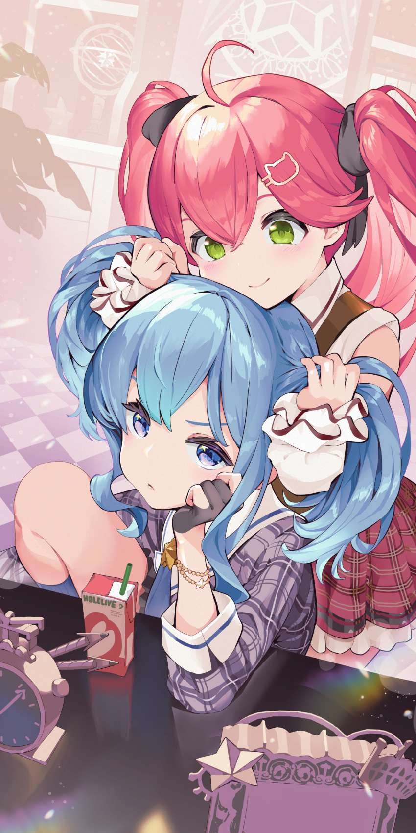 2girls absurdres ahoge blue_eyes blue_hair blue_socks blush bracelet breasts bunching_hair cat_hair_ornament clock closed_mouth gloves green_eyes grey_shirt hair_between_eyes hair_ornament hair_ribbon head_rest highres holding_another's_hair hololive hoshimachi_suisei jewelry juice_box kannougame kneehighs long_sleeves looking_at_another multiple_girls partially_fingerless_gloves pink_hair plaid plaid_shirt plaid_skirt red_skirt ribbon sakura_miko shirt skirt smile socks twintails virtual_youtuber white_shirt