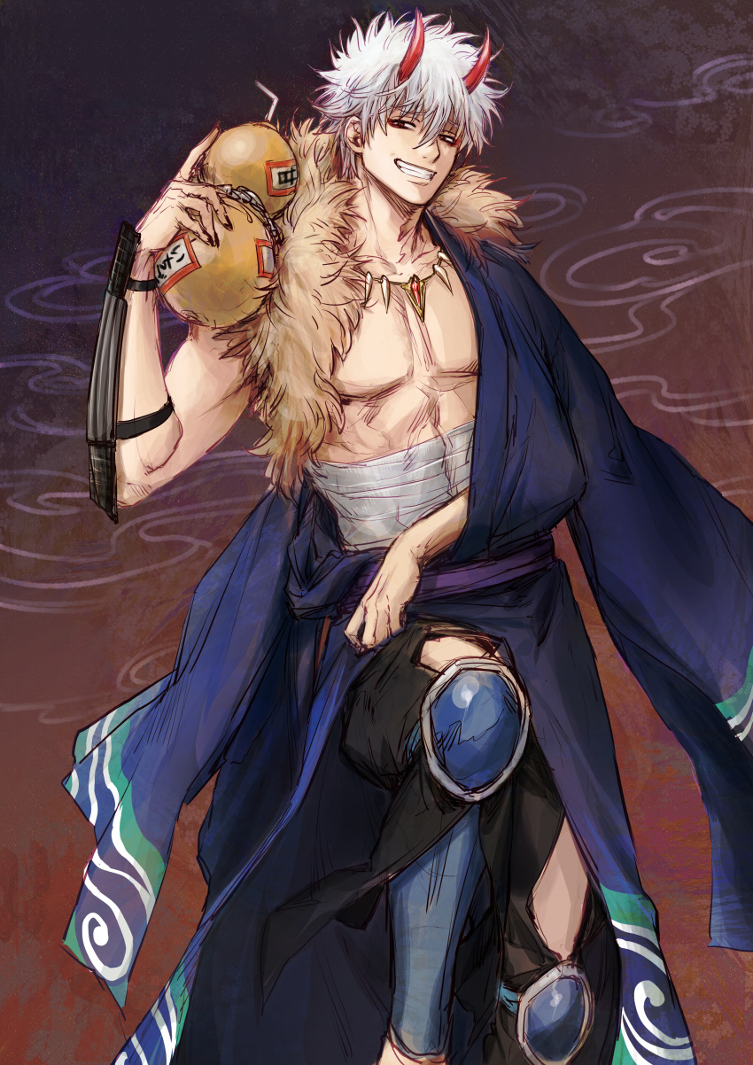 1boy absurdres bandages bangs black_pants blue_kimono feet_out_of_frame gintama gourd grin hadanugi_dousa hair_between_eyes half-closed_eyes hand_up highres holding horns japanese_clothes kimono long_sleeves looking_at_viewer male_focus oni oni_horns open_mouth pants red_eyes sakata_gintoki smile solo uraki_(tetsu420) white_hair wide_sleeves