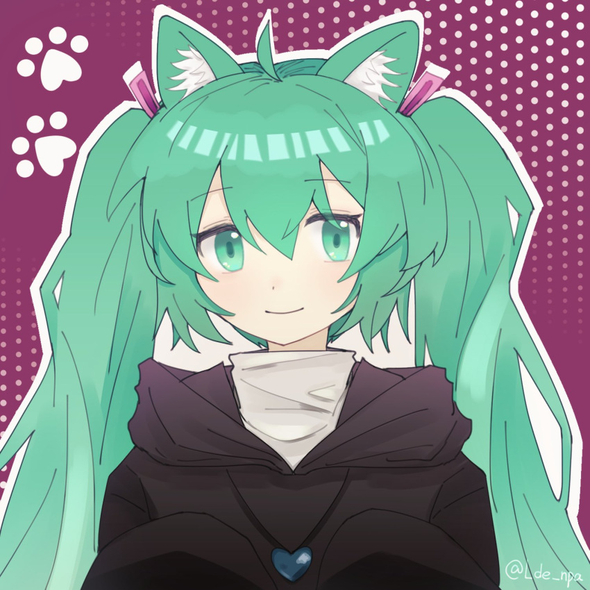 ahoge animal_ears bangs black_hoodie cat_ears cat_girl closed_mouth commentary green_eyes green_hair hair_between_eyes hatsune_miku heart heart_necklace highres hood hoodie jewelry lde_npa long_hair long_sleeves looking_at_viewer necklace paw_print portrait shirt smile solo twintails vocaloid white_shirt