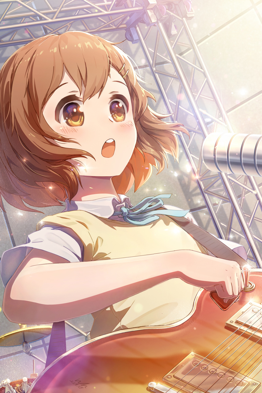 1girl absurdres bangs blue_ribbon blush brown_eyes brown_hair chinese_commentary commentary drum electric_guitar guitar hair_between_eyes hair_ornament hairclip highres hirasawa_yui holding holding_plectrum instrument k-on! looking_away music neck_ribbon open_mouth playing_instrument plectrum ribbon shirt short_hair short_sleeves solo teeth upper_body upper_teeth vest wh_(user_zrmr8753) white_shirt yellow_vest