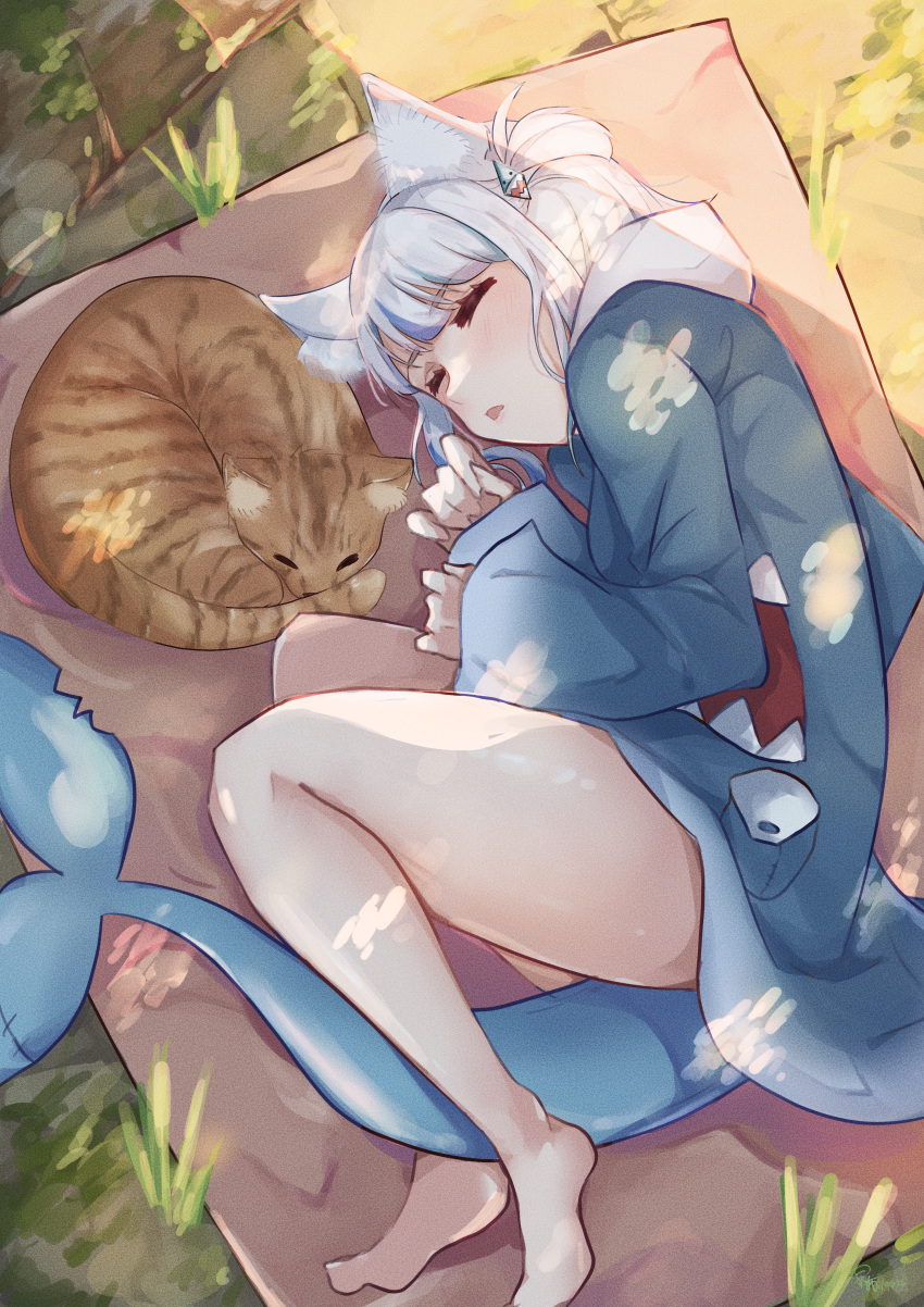 1girl absurdres animal animal_ear_fluff animal_ears animal_hood bare_legs barefoot between_legs blanket blue_hair cat cat_ears commentary day fish_tail full_body gawr_gura grass highres hirasawa_izumi hololive hololive_english hood long_hair long_sleeves lying multicolored_hair on_side open_mouth outdoors shark_girl shark_hood shark_tail sleeping sleeves_past_wrists solo streaked_hair tail tail_between_legs two_side_up virtual_youtuber white_hair wide_sleeves