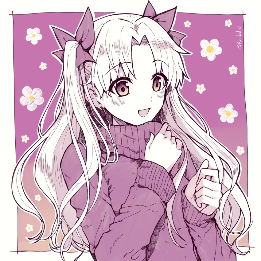 1girl alternate_costume aruti bangs blush border commentary_request earrings ereshkigal_(fate) fate/grand_order fate_(series) floral_background floral_print forehead greyscale hair_ribbon highres jewelry long_hair long_sleeves monochrome open_mouth outside_border parted_bangs ribbon smile solo sweater twitter_username two_side_up upper_body white_border
