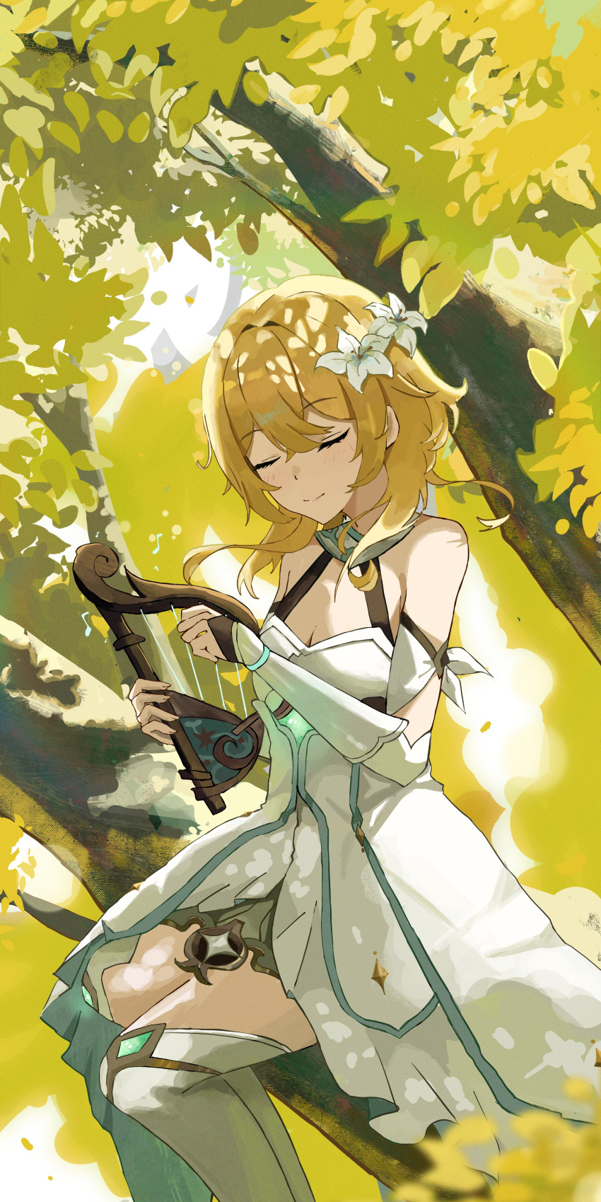 1girl absurdres bare_shoulders blonde_hair brown_gloves closed_eyes closed_mouth commentary detached_sleeves dress flower genshin_impact gloves hair_flower hair_ornament halter_dress halterneck highres instrument light_smile long_sleeves lull_19 lumine_(genshin_impact) lyre music playing_instrument short_hair sitting_on_branch solo thigh-highs white_dress white_thighhighs zettai_ryouiki