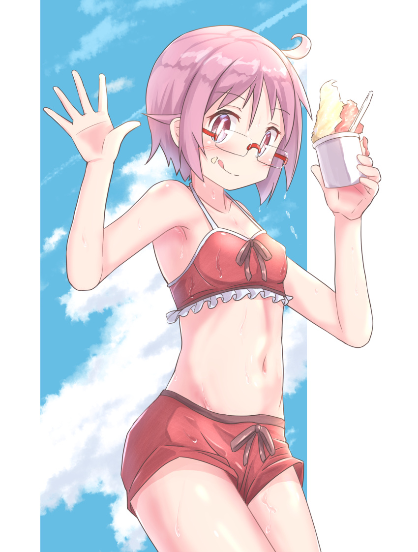 1girl ahoge arm_up bangs bare_legs blue_sky check_commentary clouds commentary commentary_request dripping food glasses highres holding_ice_cream ice_cream looking_at_viewer navel nonohara_yuzuko outdoors pink_eyes pink_hair short_hair sidelocks simple_background sky smile stomach sweat swimsuit thighs tongue tongue_out upper_body waving wet wet_hair yuukin yuyushiki