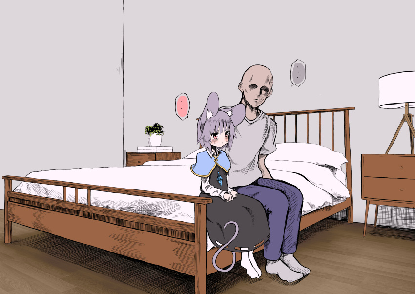 ... 1boy 1girl absurdres animal_ears bald bangs bed blue_pants blush breasts commentary_request crystal drawer faceless faceless_male full_body ginger_ale_(syouga_6383) grey_hair grey_shirt grey_skirt grey_vest hair_between_eyes hetero highres indoors jewelry lamp layered_clothes long_sleeves mouse_ears mouse_girl mouse_tail nazrin on_bed pants pendant plant potted_plant shirt short_hair sitting skirt skirt_set small_breasts socks spoken_ellipsis tail touhou vest white_shirt white_socks