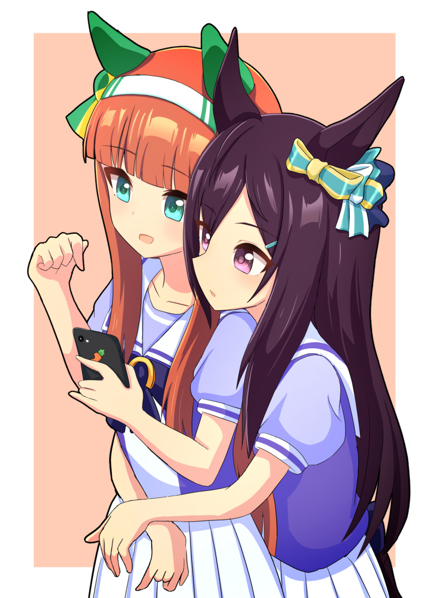 2girls animal_ears aqua_eyes arms_around_waist brown_hair carrot cellphone ear_bow ear_covers hair_ornament hairclip headband highres hime_cut holding holding_phone horse_ears horse_girl long_hair mejiro_dober_(umamusume) multiple_girls orange_hair phone pleated_skirt purple_serafuku school_uniform serafuku short_sleeves silence_suzuka_(umamusume) skirt smartphone tracen_school_uniform umamusume very_long_hair violet_eyes white_skirt whitelily_bread