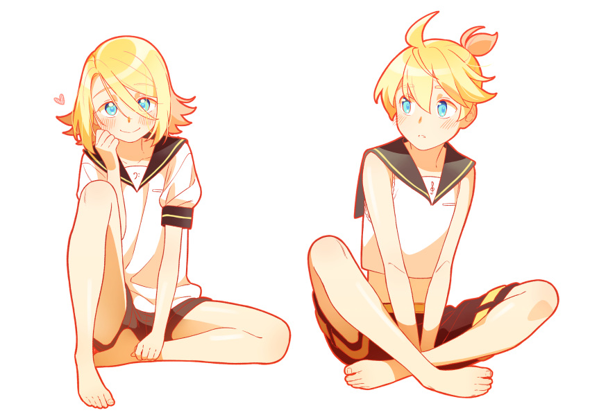1boy 1girl ahoge aqua_eyes bangs bare_arms bare_shoulders bass_clef between_legs blonde_hair blush bon_bon_eee cosplay costume_switch crop_top full_body hair_between_eyes hairclip_removed hand_between_legs highres indian_style kagamine_len kagamine_rin knee_up looking_at_another looking_at_viewer looking_to_the_side midriff neckerchief necktie parted_lips sailor_collar shirt short_ponytail short_sleeves shorts sitting sleeveless sleeveless_shirt smile swept_bangs treble_clef vocaloid yellow_neckerchief yellow_necktie
