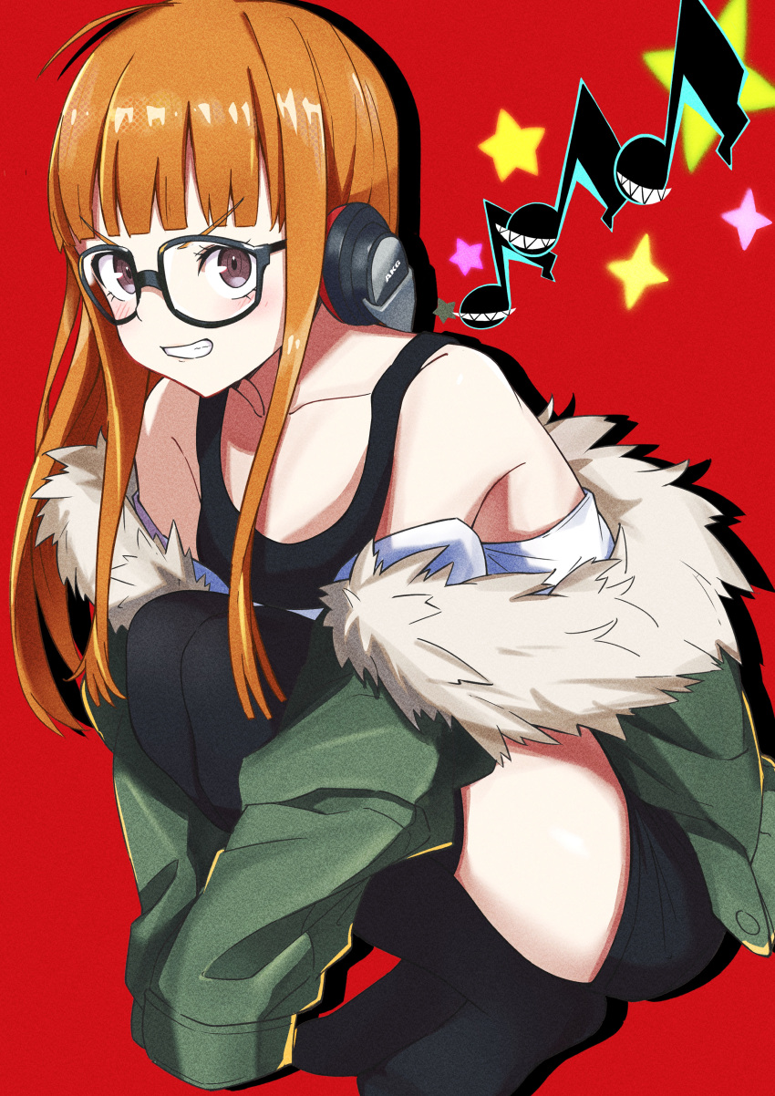 1girl absurdres bangs behind-the-head_headphones black-framed_eyewear black_shorts black_thighhighs blunt_bangs brown_eyes brown_hair clothes_down coat collarbone glasses green_coat grin headphones highres long_hair long_sleeves musical_note persona persona_5 red_background sakura_futaba shiny shiny_hair short_shorts shorts showhey!! sleeves_past_wrists smile solo squatting thigh-highs v-shaped_eyebrows zettai_ryouiki