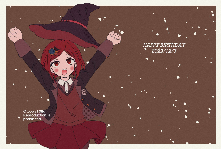 108_(toowa) 1girl arms_up bangs black_headwear black_jacket blush brown_background brown_vest collared_shirt danganronpa_(series) danganronpa_v3:_killing_harmony dated dress_shirt gem hair_ornament happy happy_birthday hat highres jacket looking_up open_clothes open_jacket pleated_skirt red_eyes red_headwear red_skirt redhead shirt short_hair skirt smile solo vest white_shirt witch_hat yumeno_himiko