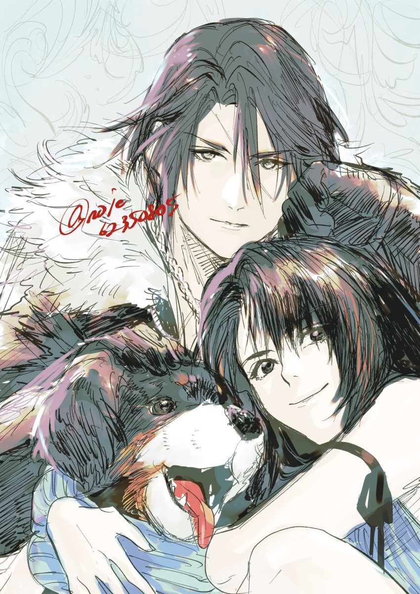 1boy 2girls angelo_(ff8) arm_ribbon arm_warmers arms_around_neck bangs bare_shoulders black_gloves black_hair black_jacket black_ribbon blue_cardigan brown_hair cardigan dog final_fantasy final_fantasy_viii fur_collar gloves hair_between_eyes hand_on_another's_head highres jacket long_hair long_sleeves multicolored_hair multiple_girls noie_(neunteedelstein) parted_bangs ribbon rinoa_heartilly scar scar_on_face scar_on_forehead short_hair smile squall_leonhart streaked_hair tongue tongue_out twitter_username upper_body