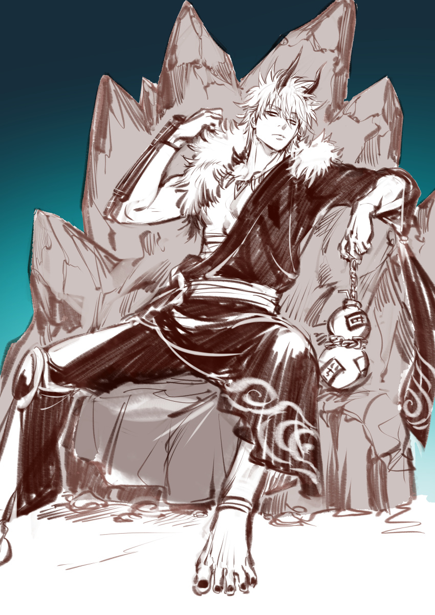 1boy absurdres bangs barefoot blue_background gintama gourd hadanugi_dousa hair_between_eyes hand_up highres horns long_sleeves male_focus monochrome oni oni_horns pants sakata_gintoki sitting solo throne uraki_(tetsu420) wide_sleeves