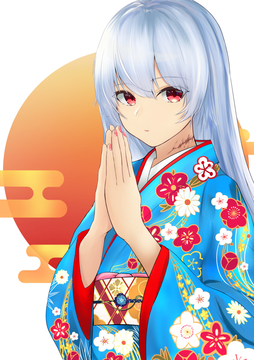 1girl 2022 absurdres alternate_costume bangs blue_hair blue_kimono closed_mouth commentary girls_frontline hand_on_hand highres japanese_clothes kimono lips long_hair looking_at_viewer nail_polish nakaryo0404 pink_nails red_eyes scar scar_on_neck simple_background solo thunder_(girls'_frontline) upper_body