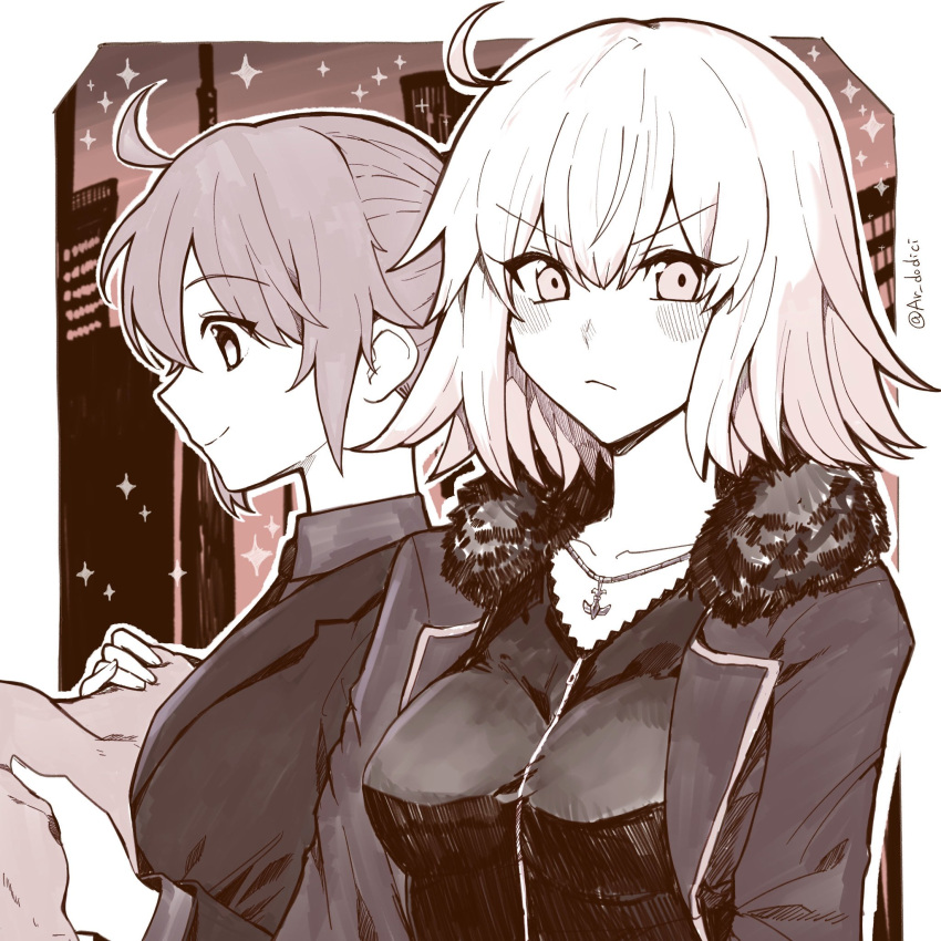 2girls ahoge aruti bangs blush breasts coat commentary_request fate/grand_order fate_(series) formal fujimaru_ritsuka_(female) fujimaru_ritsuka_(female)_(royal_brand) fur-trimmed_coat fur_trim greyscale hair_between_eyes highres holding holding_clothes holding_scarf jeanne_d'arc_alter_(fate) jeanne_d'arc_alter_(ver._shinjuku_1999)_(fate) jewelry long_sleeves medium_breasts monochrome multiple_girls necklace necktie open_clothes open_coat profile scarf short_hair suit twitter_username upper_body