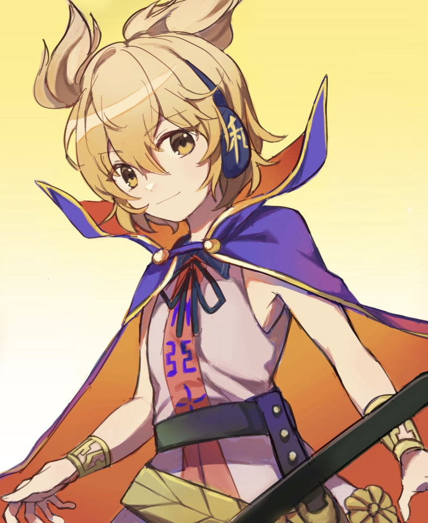 1girl bangs black_ribbon blonde_hair cape closed_mouth earmuffs gradient gradient_background hair_between_eyes highres neck_ribbon purple_cape ribbon simple_background sleeveless smile solo spiky_hair sweetpotatojelly touhou toyosatomimi_no_miko upper_body yellow_eyes