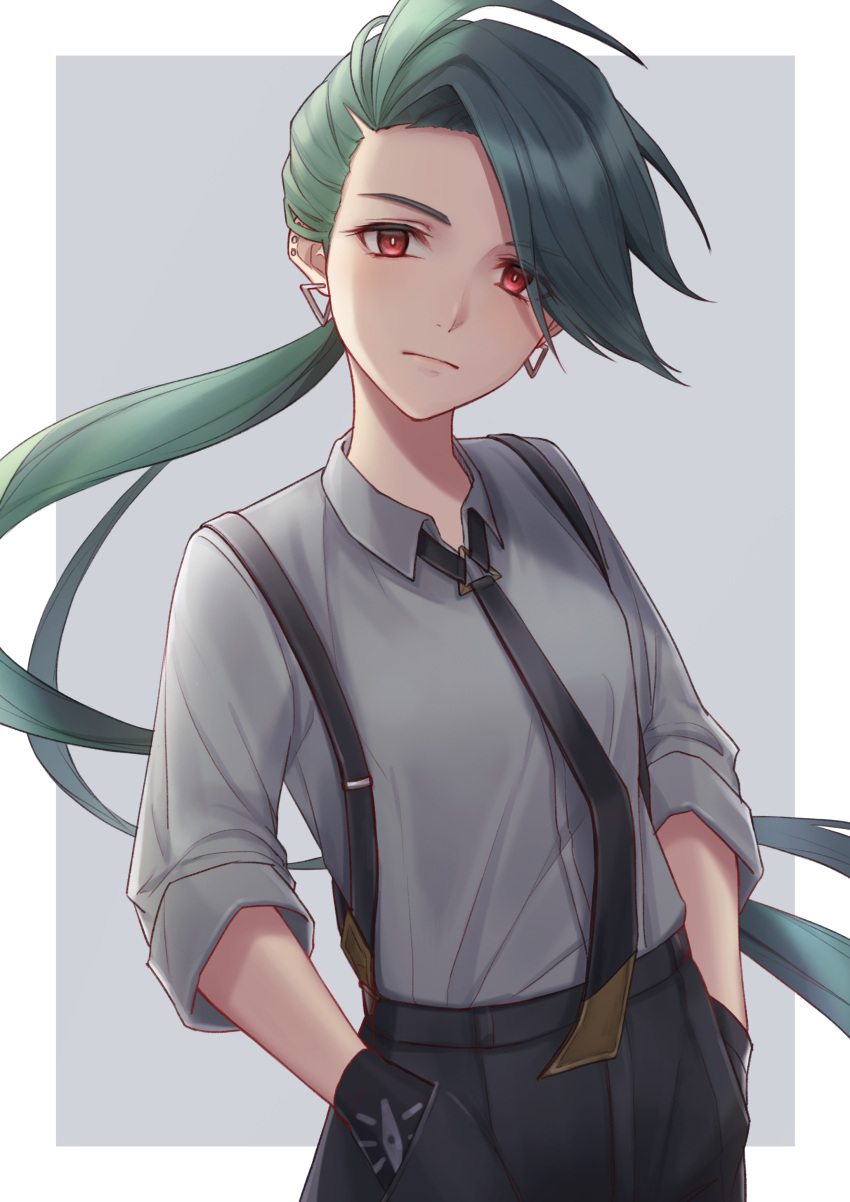 1girl absurdres black_gloves black_necktie black_pants border bright_pupils closed_mouth collared_shirt commentary_request earrings gloves green_hair grey_background grey_shirt hands_in_pockets highres jewelry long_hair necktie orowt3 pants pokemon pokemon_(game) pokemon_sv ponytail red_eyes rika_(pokemon) shirt solo stud_earrings suspenders white_border white_pupils