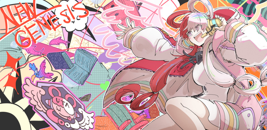 1girl :d black_ribbon blush colorful hair_rings headphones headset highres jacket kankan33333 long_sleeves microphone multicolored_hair neck_ribbon one_piece one_piece_film:_red open_clothes open_jacket redhead ribbon shirt smile solo split-color_hair two-tone_hair uta_(one_piece) violet_eyes white_hair white_shirt