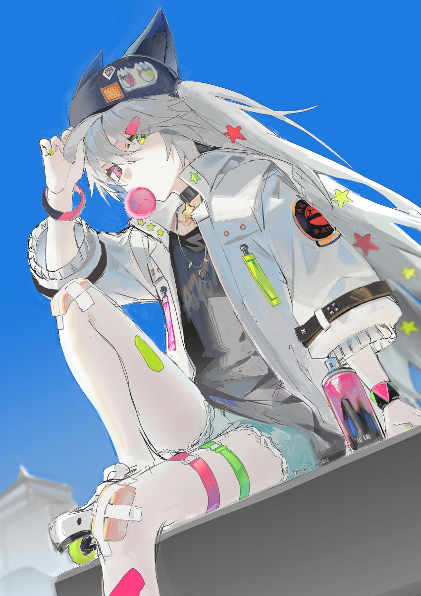 1girl adjusting_clothes adjusting_headwear bandage_on_knee banxsy_(girls'_frontline_nc) black_shirt blue_sky bracelet bubble_blowing chewing_gum choker commentary denim denim_shorts desutruction foot_out_of_frame girls'_frontline_neural_cloud girls_frontline green_eyes grey_hair hair_ornament hat heterochromia highres inline_skates jacket jewelry knee_up long_hair looking_at_viewer open_clothes open_jacket outdoors pink_eyes roller_skates shirt shorts sitting skates sky solo spray_can star_(symbol) star_hair_ornament thigh_strap white_jacket