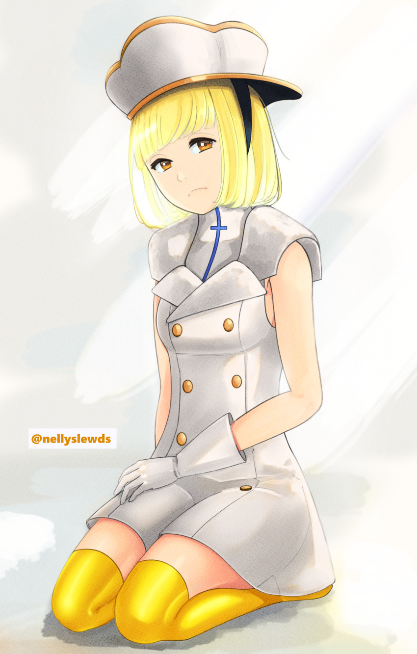 1girl absurdres bleach bleach:_the_thousand-year_blood_war blonde_hair breasts buttons dress frown gloves hat highres kneehighs liltotto_lamperd looking_at_viewer military military_hat military_uniform nellyslewds short_hair sleeveless small_breasts socks solo thigh-highs thighs uniform white_background white_gloves yellow_eyes yellow_socks zettai_ryouiki