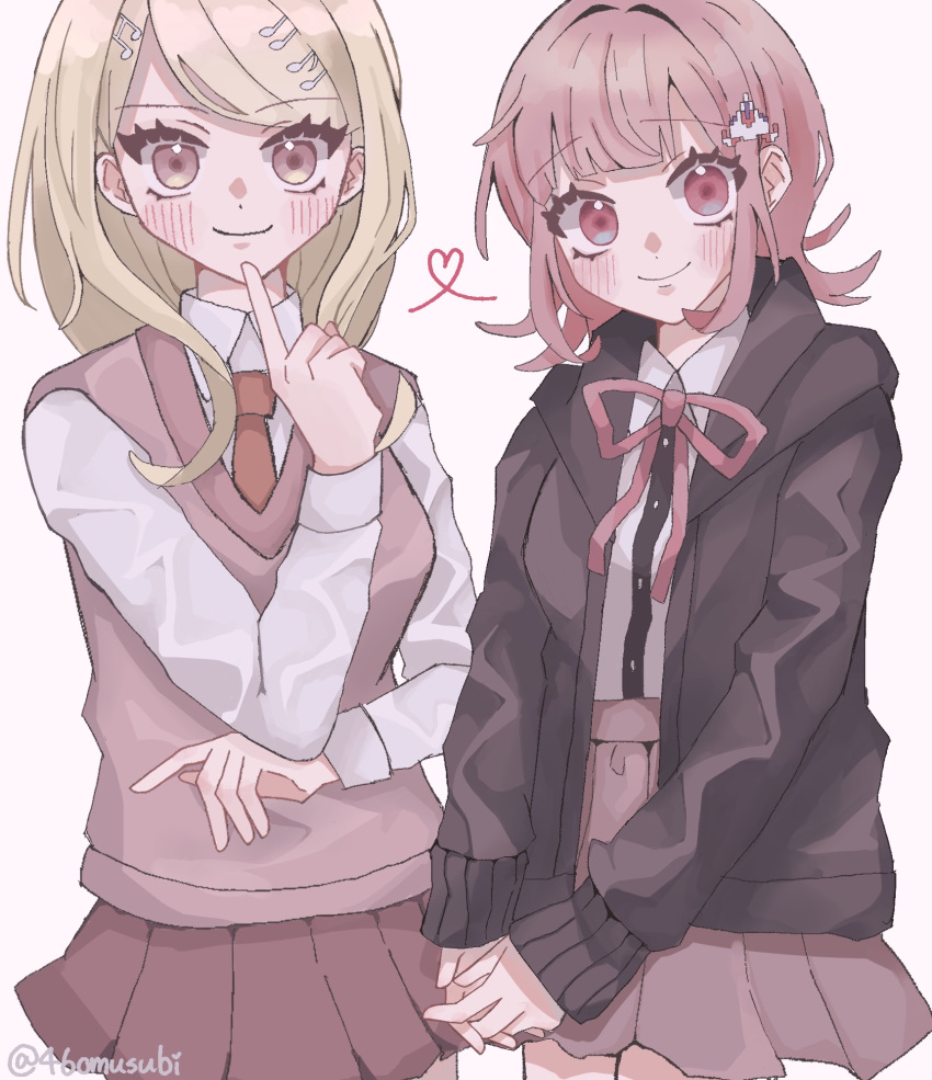 1girl ahoge akamatsu_kaede bangs blonde_hair blush breasts brown_hair collared_shirt danganronpa_(series) danganronpa_2:_goodbye_despair danganronpa_v3:_killing_harmony flipped_hair galaga ha_kuishibare hair_ornament hand_up highres hood index_finger_raised jacket long_hair long_sleeves looking_at_viewer medium_hair miniskirt musical_note musical_note_hair_ornament nanami_chiaki neck_ribbon necktie pink_eyes pink_vest ribbon shirt skirt smile solo vest white_shirt