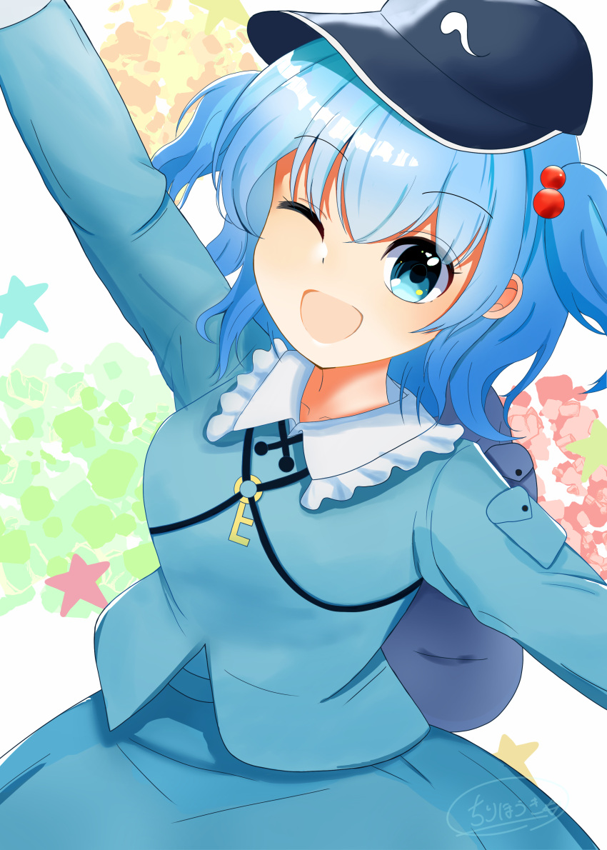 1girl ;d absurdres arm_up black_headwear blue_hair blue_shirt blue_skirt chirihouki flat_cap hair_bobbles hair_ornament hat highres kawashiro_nitori long_sleeves looking_at_viewer one_eye_closed shirt short_hair skirt smile solo star_(symbol) touhou two_side_up