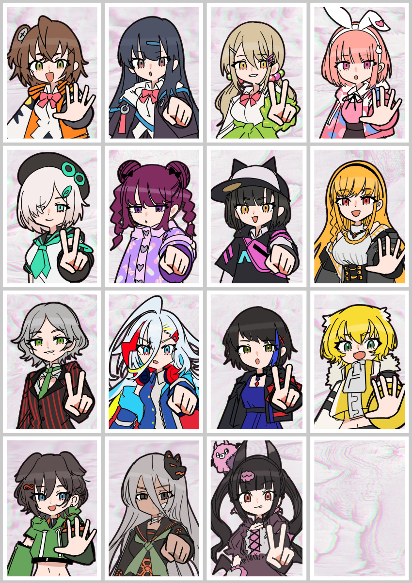 6+girls abeno-shakuji-maya absurdres animal_ears animal_hat bangs baseball_cap beret black_corset black_hair black_headband black_jacket blonde_hair blue_eyes blue_hair braid brown_hair buttons cat_ears cat_hat closed_mouth collared_shirt corset curly_hair denonbu dollar_sign double_bun dress dress_shirt earrings everyone fake_animal_ears fanny_pack gem green_eyes green_hoodie green_necktie green_scrunchie grey_hair haijima_ginka hair_between_eyes hair_bun hair_ornament hair_tie hairclip hairpin hat headband hidaka_reia hidaka_reina_(denonbu) highres hood hoodie houou_karin inubousaki_shian jacket jewelry kayano_futaba keychain kurogane_tama long_hair long_sleeves looking_at_viewer minakami_hina mole multiple_girls necklace necktie ogami_matoi open_mouth orange_eyes orange_hair orange_jacket paw_print pink_eyes pink_hoodie poncho purple_hair purple_hoodie rabbit_ears red_eyes reml rock_paper_scissors sakurano_mimito school_uniform scrunchie serafuku seto_mitsuki_(denonbu) shinonome_kazune shirokane_aki shirt short_hair side_ponytail smile smiley_face standing striped taiga_lucia tsuzutsu turtleneck twintails upper_body v violet_eyes white_shirt yellow_eyes