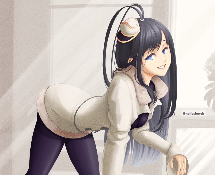 1girl absurdres ahoge black_hair black_pantyhose bleach bleach:_the_thousand-year_blood_war blue_eyes breasts eyelashes giselle_gewelle hair_over_shoulder hat highres long_hair looking_at_viewer military_hat nellyslewds pantyhose smile smirk solo teeth thighs