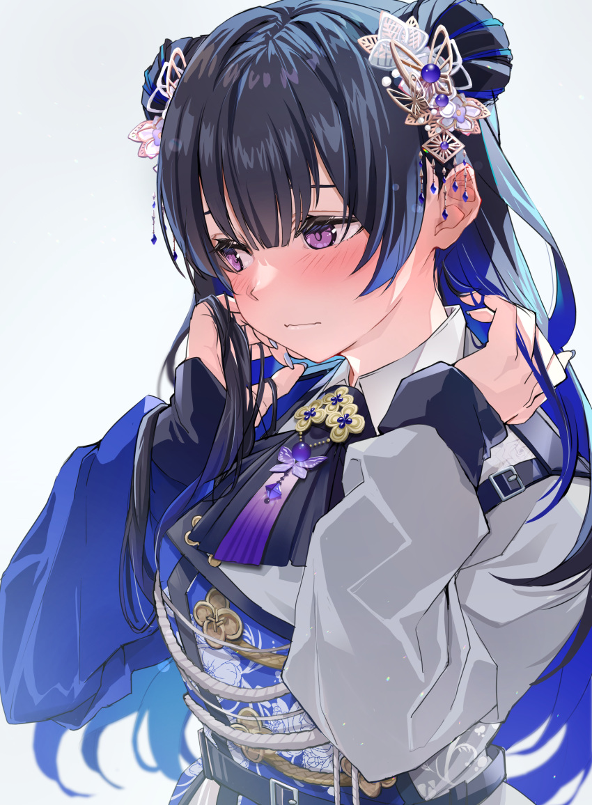 1girl absurdres ascot bangs black_ascot black_hair blue_hair blue_nails blush closed_mouth colored_inner_hair double_bun hair_between_eyes hair_bun hair_ornament highres ichinose_uruha long_hair long_sleeves looking_away multicolored_hair ruo simple_background solo upper_body violet_eyes virtual_youtuber vspo!