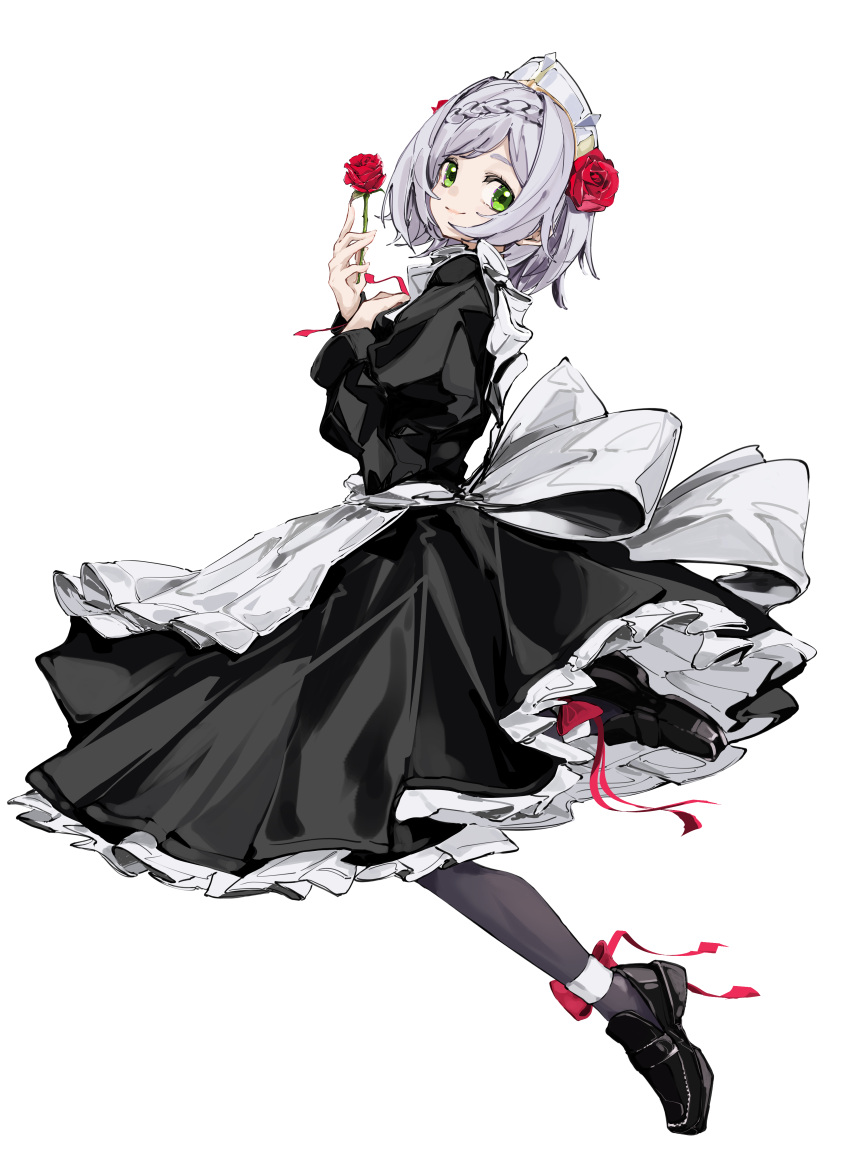 1girl absurdres ankle_ribbon apron black_dress black_footwear black_pantyhose braid closed_mouth commentary_request dress flower full_body genshin_impact green_eyes hair_flower hair_ornament highres holding holding_flower juliet_sleeves leg_ribbon loafers long_sleeves looking_at_viewer maid maid_apron maid_headdress noelle_(genshin_impact) pantyhose pegarashiko puffy_sleeves red_flower red_ribbon red_rose ribbon rose shoes simple_background smile solo white_background