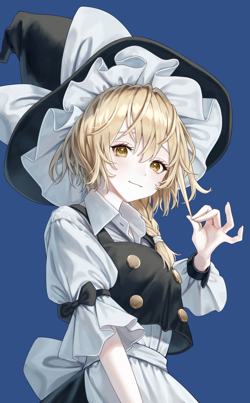 1girl absurdres apron back_bow bangs black_headwear black_vest blonde_hair blue_background bow braid breasts buttons closed_mouth dress frills from_below hair_between_eyes hair_over_shoulder hat hat_bow highres holding holding_hair kirisame_marisa large_breasts light_blush light_smile looking_at_viewer messy_hair puffy_short_sleeves puffy_sleeves shirt short_hair_with_long_locks short_sleeves single_braid solo torinari_(dtvisu) touhou upper_body vest waist_apron white_bow white_dress witch_hat wrist_cuffs yellow_eyes