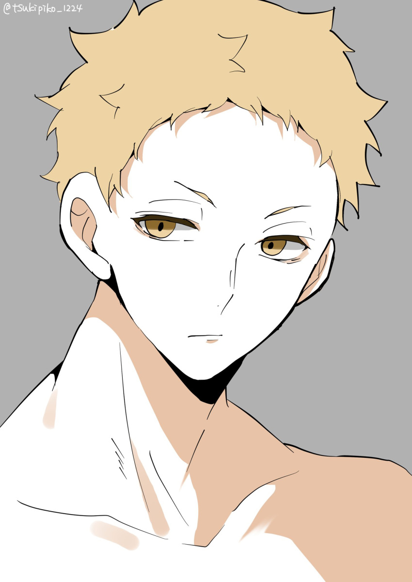 1boy blonde_hair brown_eyes collarbone expressionless grey_background haikyuu!! highres looking_at_viewer male_focus portrait simple_background solo tomopiko_1224 topless_male tsukishima_kei