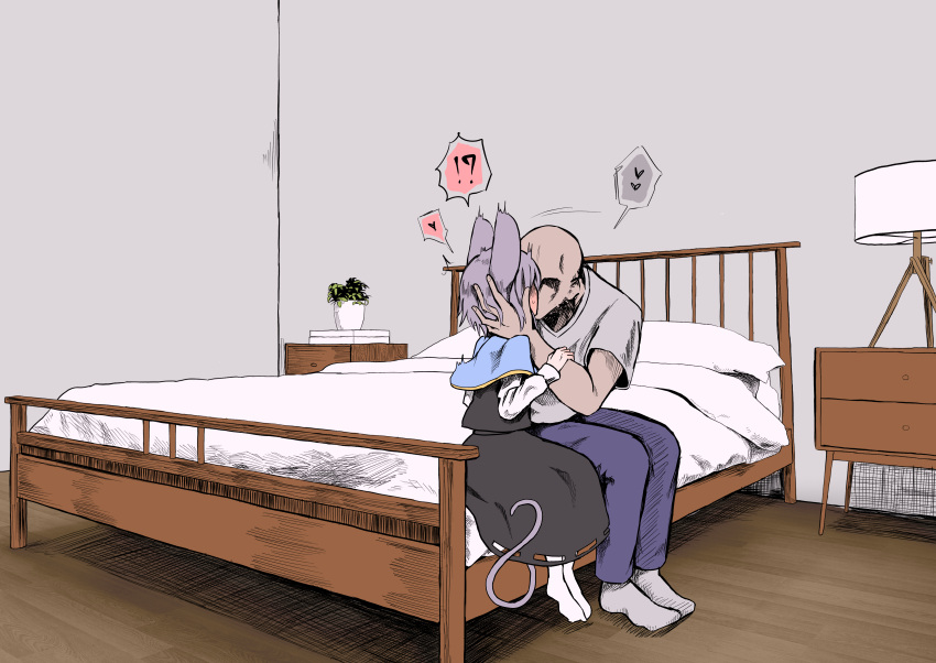 !? ... 1boy 1girl absurdres animal_ears bald bangs bed blue_pants blush breasts commentary_request crystal drawer faceless faceless_male full_body ginger_ale_(syouga_6383) grey_hair grey_shirt grey_skirt grey_vest hair_between_eyes heart hetero highres indoors jewelry kiss lamp layered_clothes long_sleeves mouse_ears mouse_girl mouse_tail nazrin on_bed pants pendant plant potted_plant shirt short_hair sitting skirt skirt_set small_breasts socks spoken_ellipsis surprise_kiss surprised tail touhou vest white_shirt white_socks