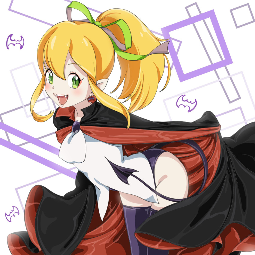 1girl alternate_costume ascot blonde_hair blue_eyes brooch cape fangs green_eyes green_ribbon hair_ribbon highres jewelry long_hair looking_at_viewer mega_man_(classic) mega_man_(series) open_mouth ponytail ribbon roll_(mega_man) sidelocks smile solo tail vampire yozora