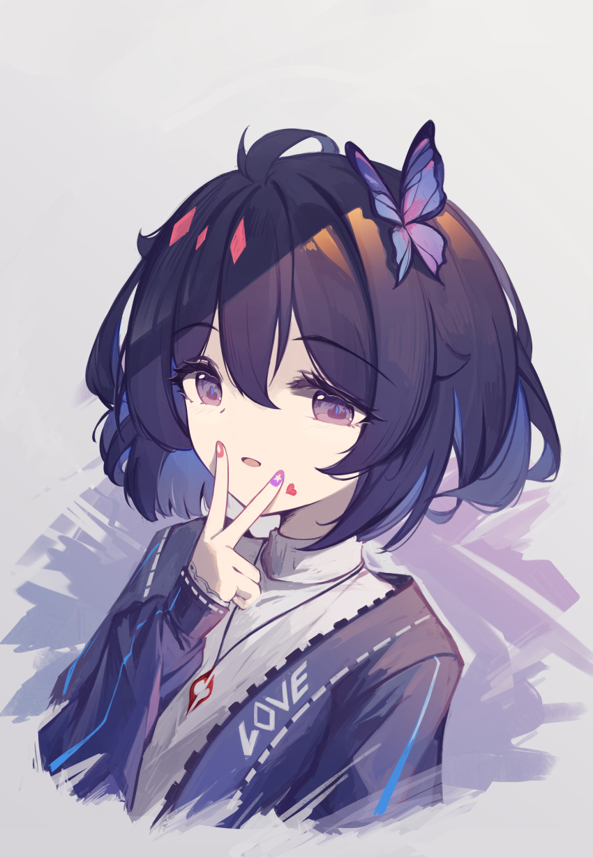 1girl absurdres blue_eyes blue_hair blue_jacket breasts bug butterfly butterfly_on_hair darkworldsss fingersmile highres honkai_(series) honkai_impact_3rd jacket jewelry light_smile nail_polish necklace seele_vollerei shirt short_hair small_breasts turtleneck v_over_mouth white_shirt