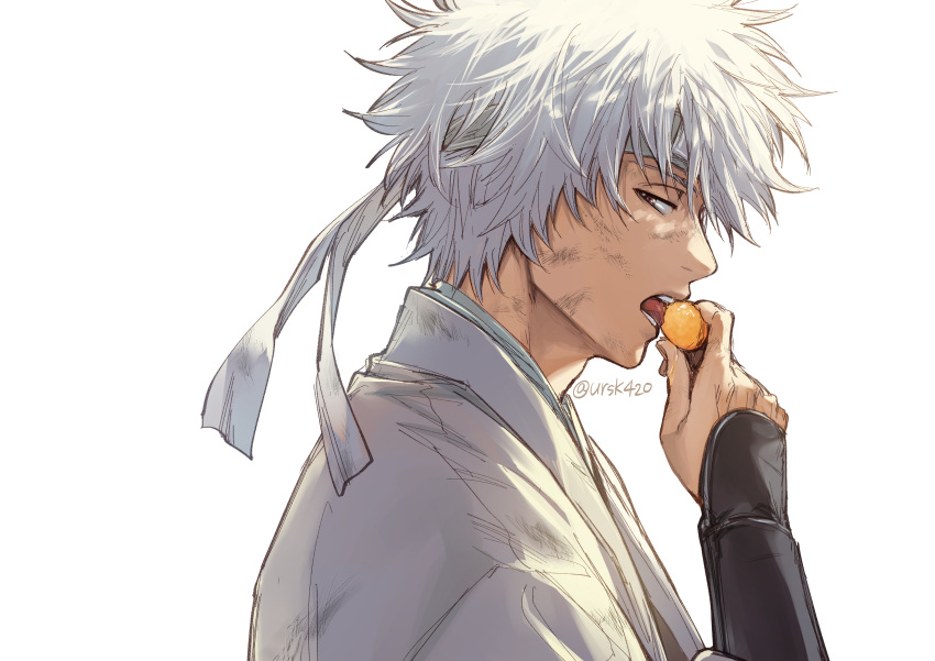 1boy absurdres arm_guards bangs food from_side gintama grey_headband hair_between_eyes hand_up headband highres holding holding_food japanese_clothes kimono looking_at_viewer looking_to_the_side male_focus red_eyes sakata_gintoki simple_background solo teeth tongue tongue_out twitter_username upper_body upper_teeth uraki_(tetsu420) white_background white_hair white_kimono