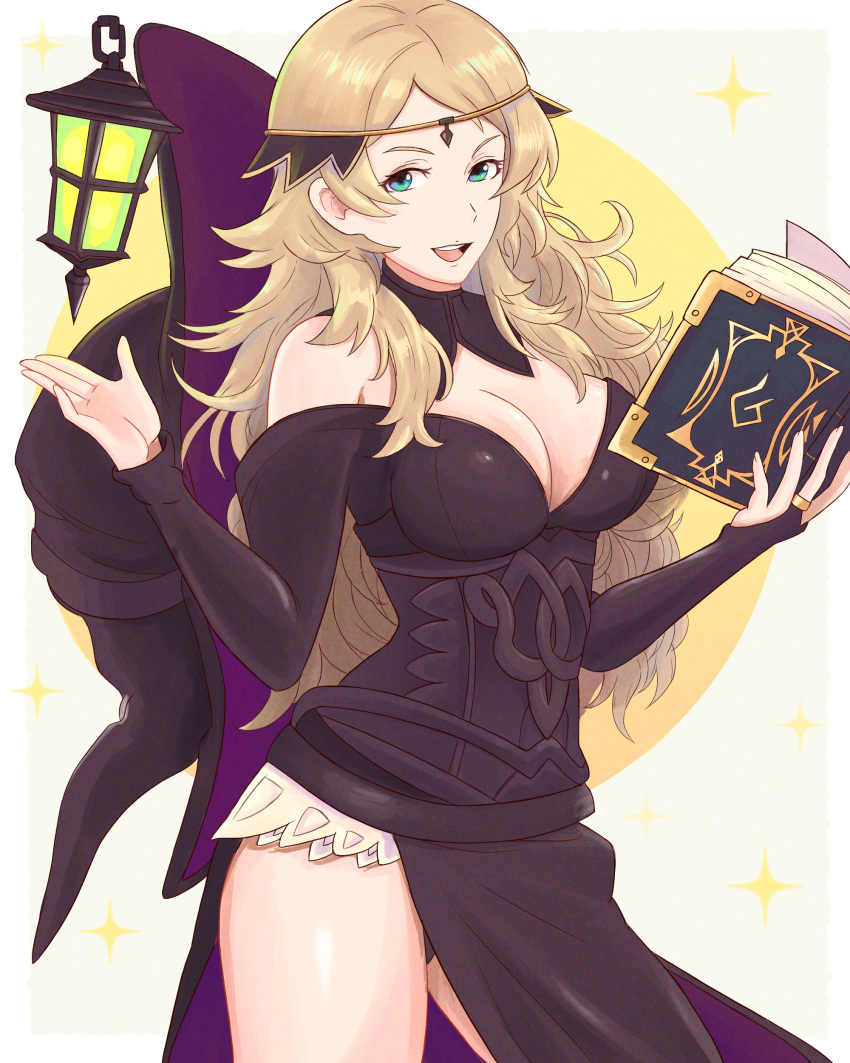 absurdres ahoge alternate_costume bare_shoulders blonde_hair blue_eyes book breasts circlet detached_collar fire_emblem fire_emblem_fates hat highres holding holding_book looking_at_viewer medium_breasts open_mouth ophelia_(fire_emblem) teeth truejekart turtleneck upper_teeth witch witch_hat