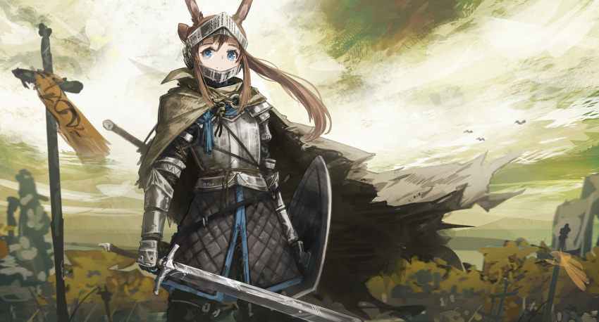 1girl absurdres amiya_(arknights) animal_ears arknights armor blue_eyes brown_cape brown_hair cape cosplay day elden_ring english_commentary franlol helmet highres holding holding_shield holding_sword holding_weapon knight outdoors plate_armor rabbit_ears rabbit_girl shield solo standing sword tarnished_(elden_ring) vagabond_(elden_ring) weapon