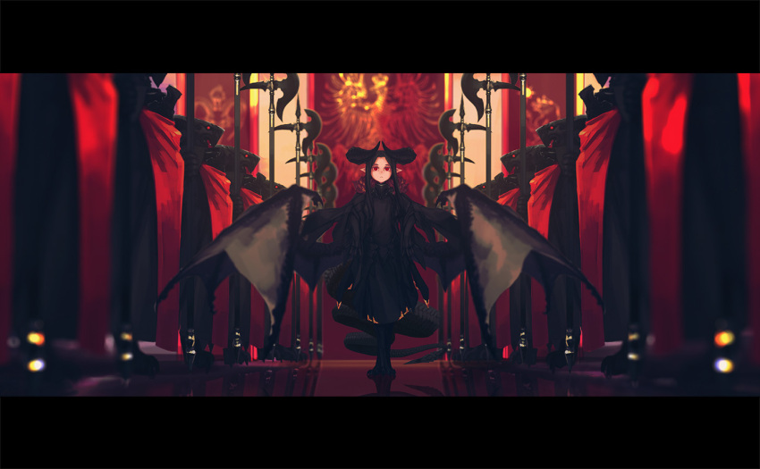 1girl 6+others black_dress black_footwear black_wings blurry boots burning cloak curled_horns depth_of_field dragon dragon_girl dragon_horns dragon_tail dragon_wings dress fire halberd horns indoors kmbk letterboxed lineup monster_girl multiple_others original pointy_ears polearm red_cloak red_eyes solo_focus straight-on tail walking weapon wings