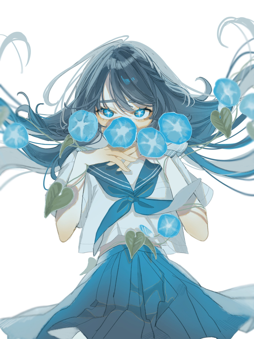 1girl absurdres black_hair blue_eyes blue_flower blue_skirt flower flower_over_mouth highres hyuuga_usagorou leaf long_hair looking_at_viewer morning_glory neckerchief original plant pleated_skirt sailor_collar school_uniform serafuku shirt simple_background skirt solo vines white_background white_serafuku white_shirt