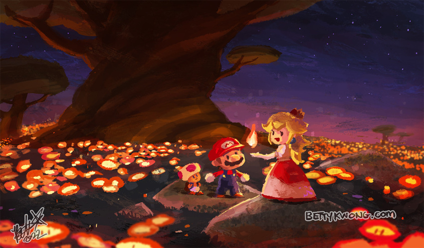 1girl 2boys bettykwong blue_overalls crown dress earrings fire_flower gloves jewelry looking_at_another mario multiple_boys night night_sky overalls princess_peach red_dress red_headwear red_shirt shirt sky smile super_mario_bros. the_super_mario_bros._movie toad_(mario) tree white_dress white_gloves