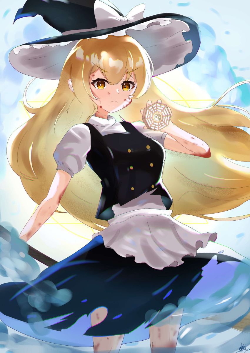 1girl absurdres apron black_headwear black_skirt black_vest blonde_hair blood blood_on_arm blood_on_face blood_on_leg bow chirihouki closed_mouth hat hat_bow highres kirisame_marisa light_particles long_hair looking_at_viewer mini-hakkero shirt short_sleeves skirt solo torn_clothes torn_skirt touhou turtleneck v-shaped_eyebrows vest waist_apron white_apron white_background white_bow white_shirt yellow_eyes