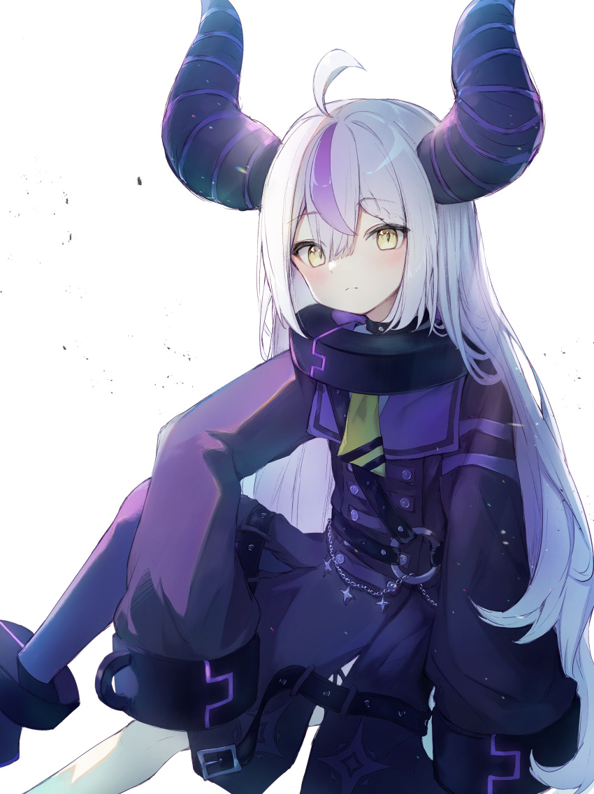 1girl absurdres ahoge ankle_cuffs black_horns blush buttons coat collar cuffs demon_girl demon_horns double-breasted grey_hair hair_between_eyes highres hinatan_(hinatan_krnk) hololive horns invisible_chair la+_darknesss long_hair looking_at_viewer multicolored_hair neckerchief purple_coat purple_hair purple_thighhighs single_thighhigh sitting sleeves_past_fingers sleeves_past_wrists slit_pupils solo straight_hair streaked_hair striped_horns thigh-highs very_long_hair virtual_youtuber yellow_eyes yellow_neckerchief