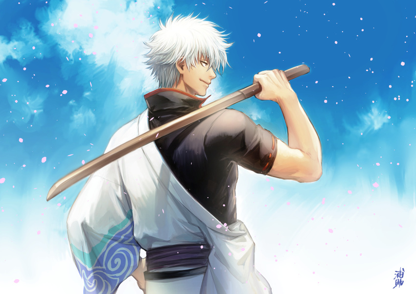 1boy absurdres black_shirt blue_sky bokken closed_mouth clouds day from_behind gintama hadanugi_dousa hand_up highres holding holding_sword holding_weapon japanese_clothes kimono long_sleeves male_focus outdoors over_shoulder petals profile red_eyes sakata_gintoki shirt short_sleeves sky smile solo sword sword_over_shoulder uraki_(tetsu420) weapon weapon_over_shoulder white_hair white_kimono wide_sleeves wooden_sword