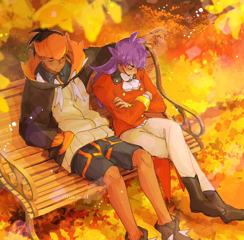 2boys absurdres autumn bench black_hair blush boots brown_footwear buttons closed_eyes closed_mouth collared_shirt commentary crossed_legs dark-skinned_male dark_skin double-breasted earrings headband highres hood hood_down hoodie hover_hand jacket jewelry knees leon_(pokemon) long_hair male_focus multiple_boys orange_headband outdoors pants pokemon pokemon_(game) pokemon_swsh purple_hair raihan_(pokemon) red_jacket shirt shiso_2k shoes shorts sitting sweat tailcoat white_jabot