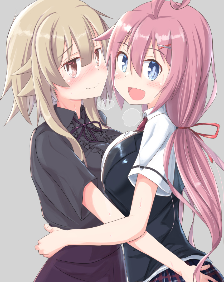 2girls ahoge bangs blonde_hair blue_eyes blush breast_press breath closed_mouth collared_shirt commentary_request douki-chan_(ikinokore!_shachiku-chan) grey_background hair_ornament hair_ribbon hairpin hand_on_another's_ass hands_on_another's_waist highres hug ikinokore!_shachiku-chan long_hair looking_at_viewer multiple_girls open_mouth pink_eyes pink_hair ribbon sakura_ouka shirt short_hair short_sleeves sidelocks simple_background sweat symmetrical_docking yuukin