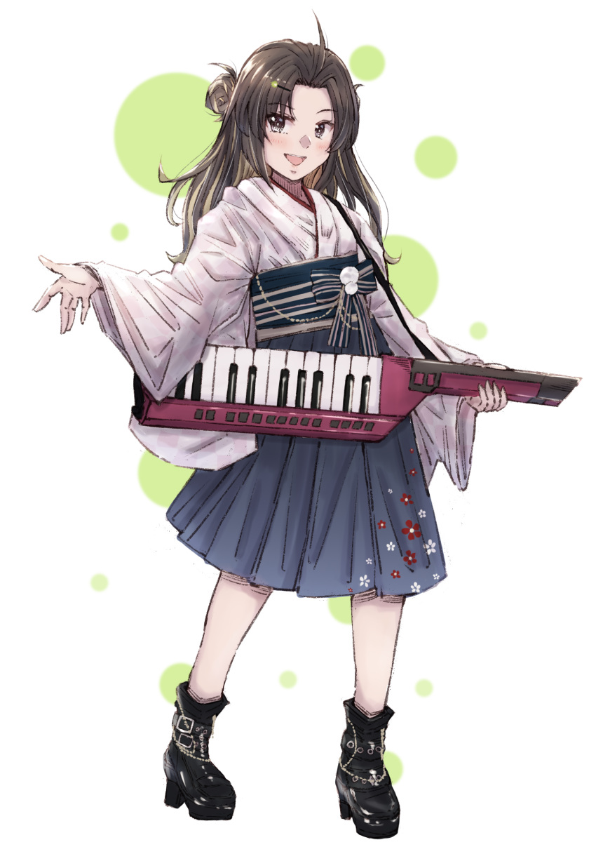 1girl boots brown_eyes brown_hair full_body guitar highres holding holding_instrument instrument japanese_clothes kantai_collection ld_(luna_dial398) long_hair makinami_(kancolle)