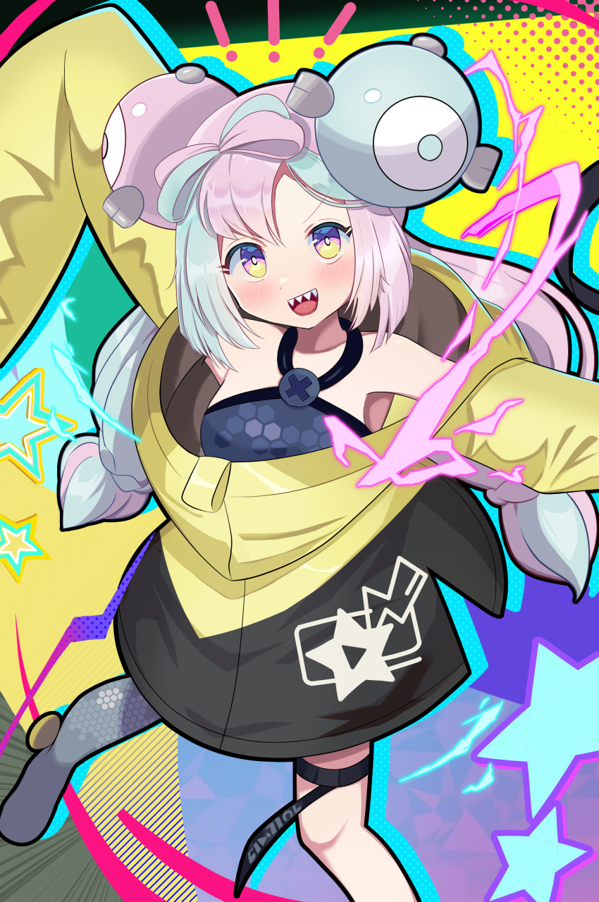 1girl absurdres aventador character_hair_ornament grey_pantyhose hair_ornament hexagon_print highres iono_(pokemon) jacket long_hair low-tied_long_hair multicolored_hair oversized_clothes pantyhose pokemon pokemon_(game) pokemon_sv sharp_teeth single_leg_pantyhose sleeves_past_fingers sleeves_past_wrists solo split-color_hair teeth twintails very_long_sleeves x yellow_jacket