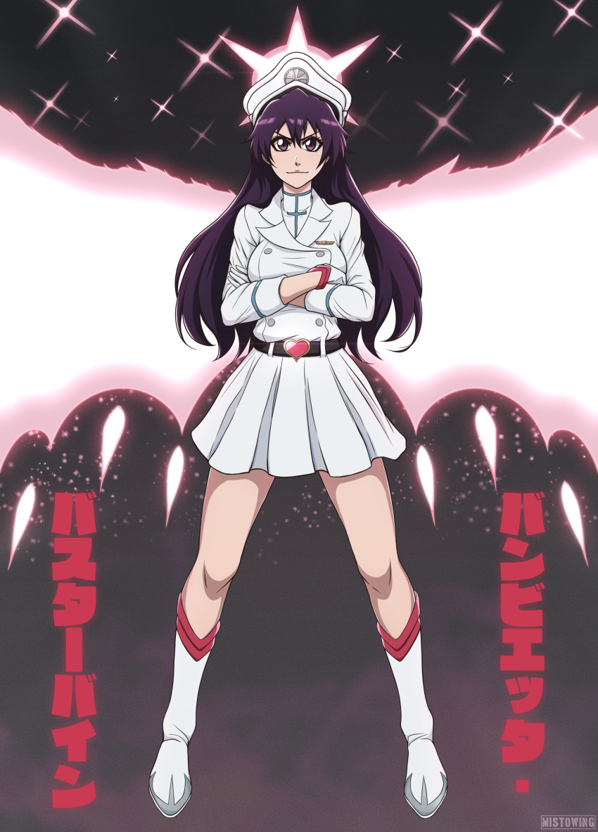 1girl absurdres bambietta_basterbine black_eyes black_hair bleach bleach:_the_thousand-year_blood_war boots breasts energy full_body gunbuster_pose hat heart_belt highres kanji large_breasts long_hair looking_at_viewer military military_hat military_uniform miniskirt mistowing pink_wings skirt smile solo sternritter uniform v-shaped_eyebrows watermark wings