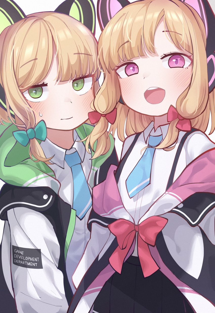 2girls :d absurdres animal_ear_headphones animal_ears bangs blue_archive blunt_bangs bow cat_ear_headphones cat_ears collared_shirt commentary_request english_text fake_animal_ears green_eyes hair_bow hair_ribbon headphones highres hooded_coat hourglass_02 light_brown_hair long_sleeves looking_at_viewer midori_(blue_archive) momoi_(blue_archive) multiple_girls necktie parted_bangs pleated_skirt red_eyes ribbon school_uniform shirt short_hair siblings sidelocks simple_background skirt smile suspender_skirt suspenders sweatdrop tress_ribbon twins white_background