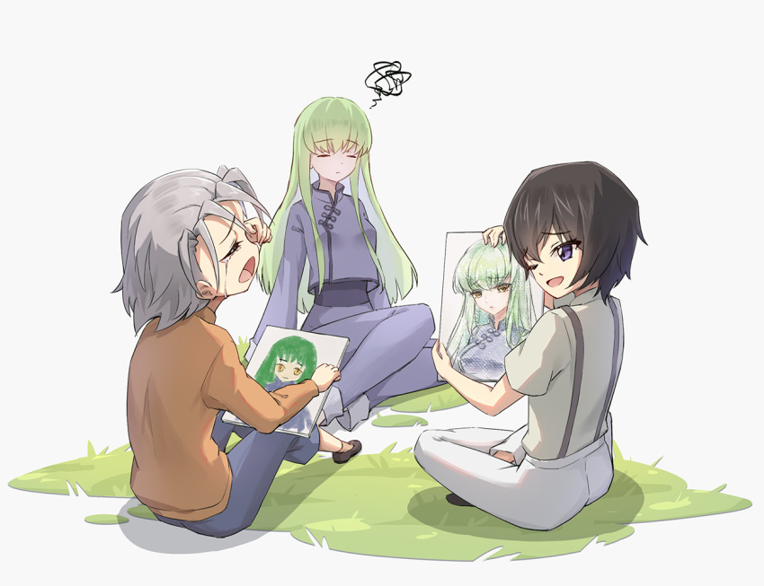 1girl 2boys ;d aged_down anachronism aoba_aratame_ni black_hair blue_pants brown_eyes brown_shirt c.c. closed_eyes code_geass crying full_body green_hair grey_hair indian_style lelouch_lamperouge long_hair long_sleeves mao_(code_geass) multiple_boys one_eye_closed open_mouth pants portrait_(object) shirt short_hair sitting smile suspenders tears very_long_hair violet_eyes white_pants white_shirt
